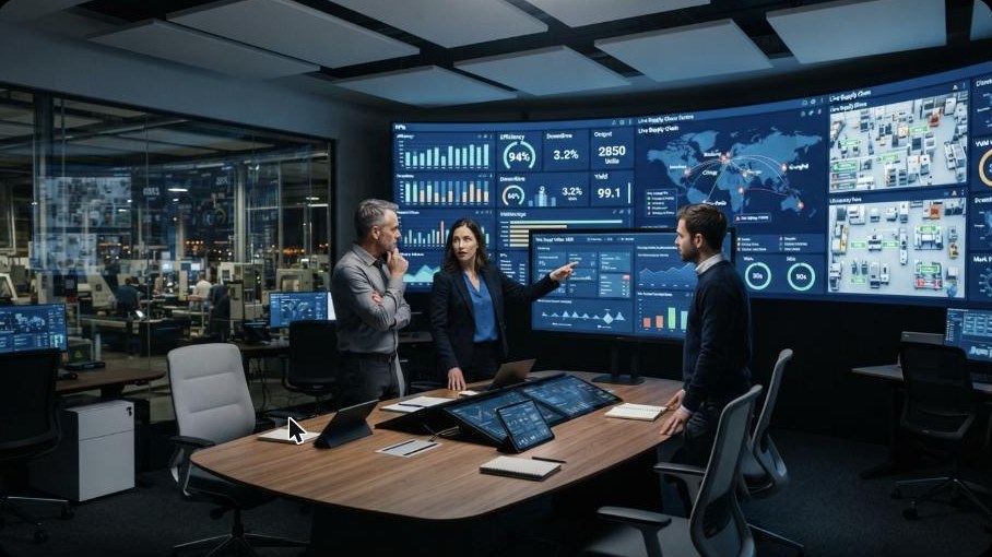 Plant control room with live production dashboards