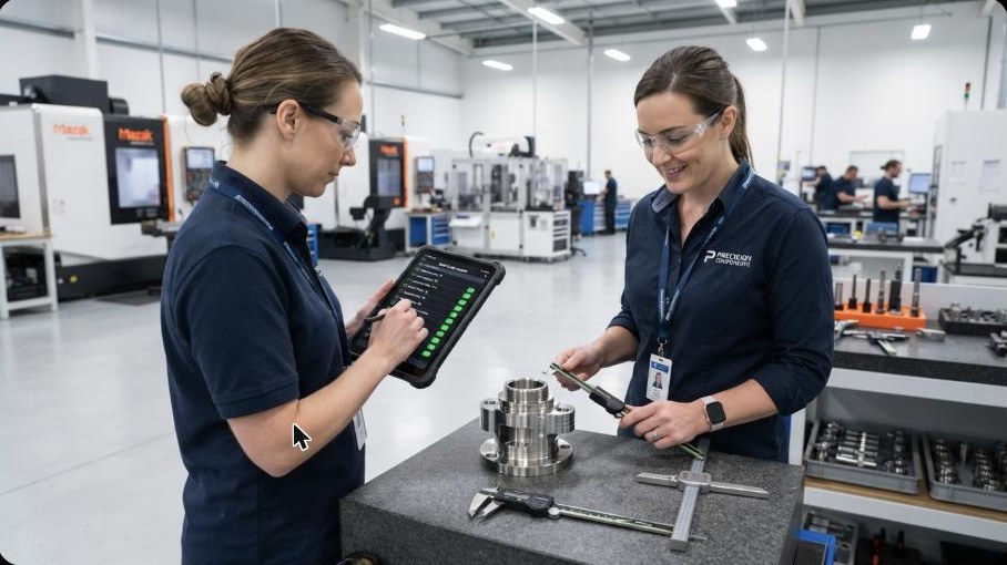 Quality inspector measuring a machined part