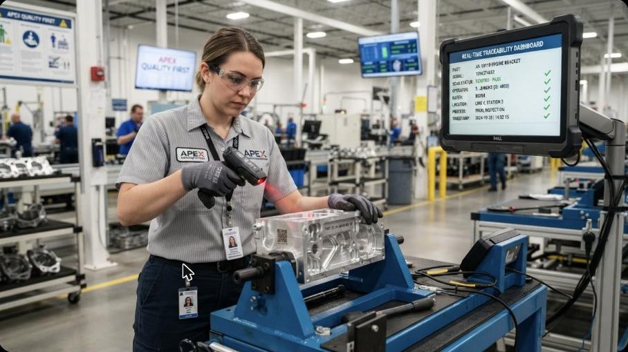 Operator scanning a part barcode for traceability